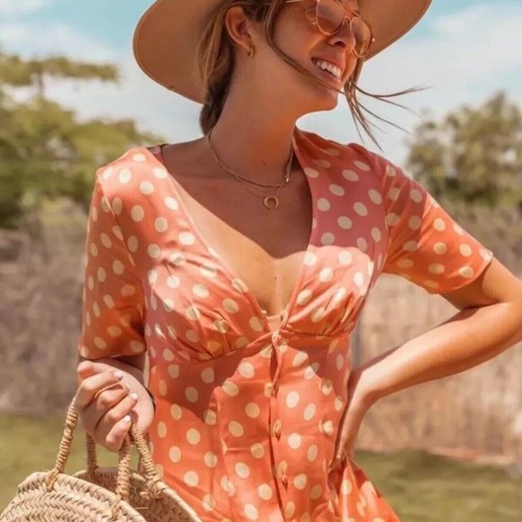 Zara Orange/Yellow Polka Dot Maxi Dress Button Front Short Sleeves Small - Picture 2 of 4